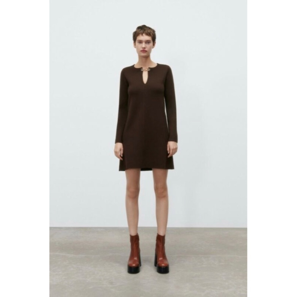 Zara long sleeve a-line dress with gold chain keyhole neckline. Size medium